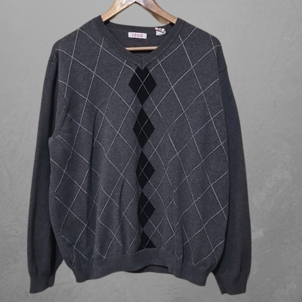 IZOD Sweater Mens XL Gray Argyle V-Neck 100% Cotton Pullover Classic Knit L/S